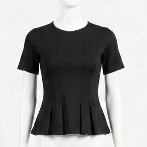 BCBGeneration Black Peplum Top Short Sleeve Pleated Crepe‎ Knit Blouse Small S